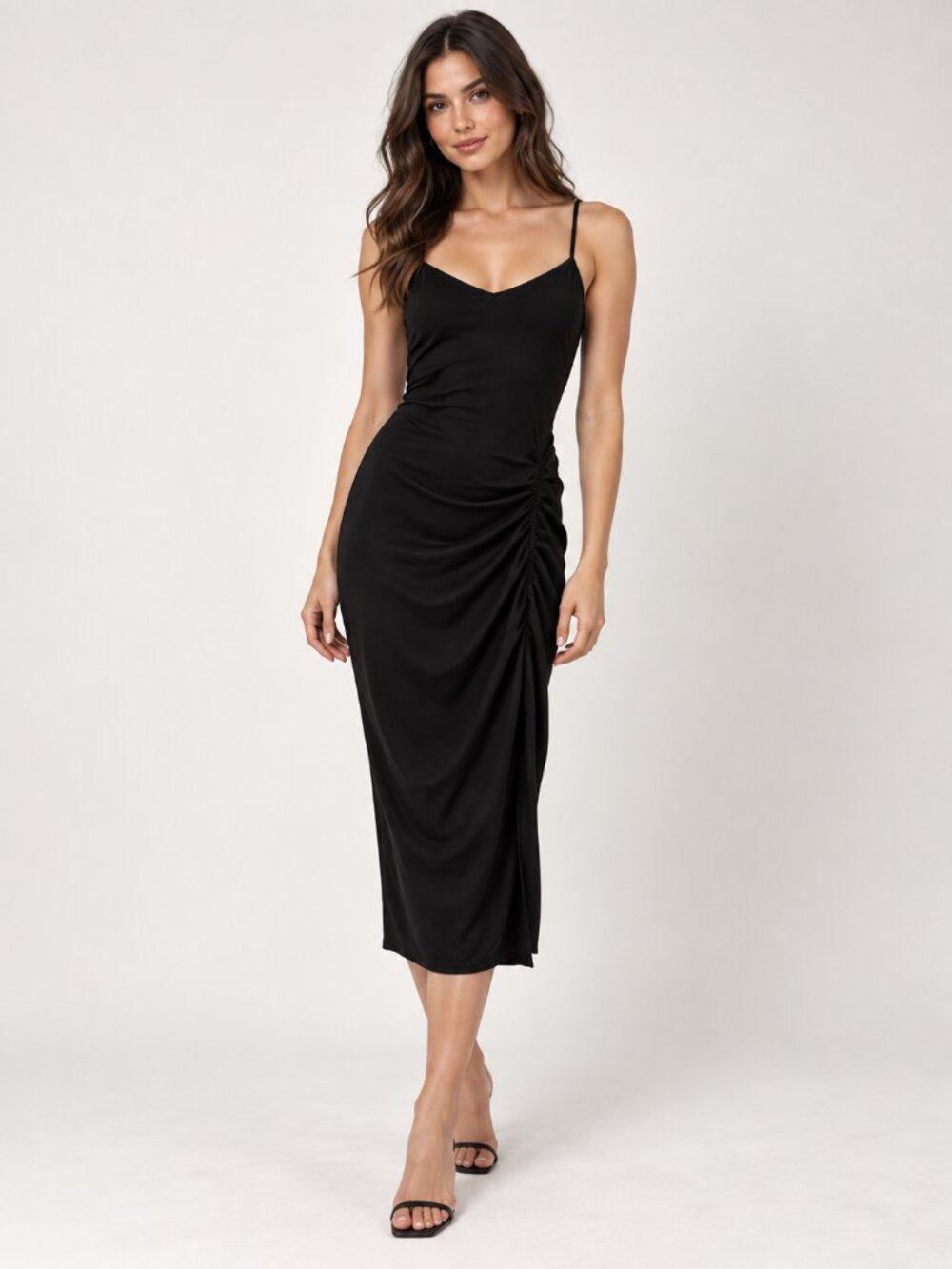 Black Ruched Midi Dress